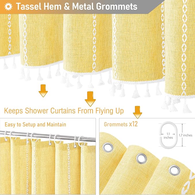 72x96 Extra Long Boho Linen Heavy Duty Shower Curtain Set, Yellow | Extra Tall Size, 330GSM Linen Blend, Water Repellent, Vintage Striped Fabric, 12 Hooks, Rustic Country, Machine Washable