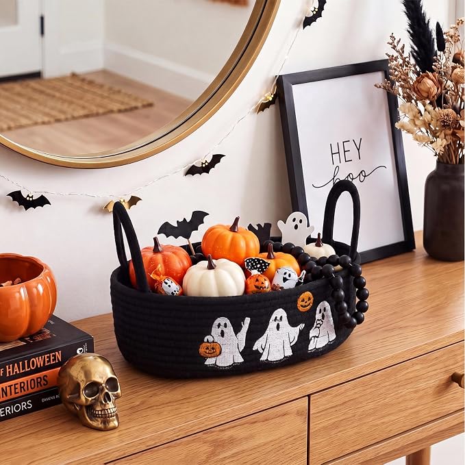 Vesici Halloween Ghost Storage Basket, Black Bathroom Caddy with Handle | Woven Cotton Rope, Ghost Embroidery Decor, Fits Toilet Tank Top or Countertop, 13 X 6 X 4 Inch Organizer for Any Room