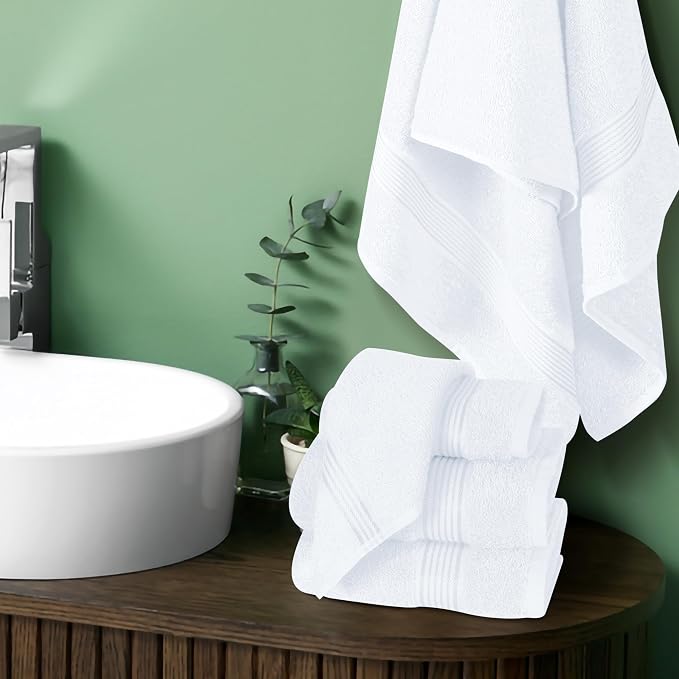 Ultra Soft 6 Pack Cotton Towel Set, Contains 2 Bath Towels 28x55 inch, 2 Hand Towels 16x24 inch & 2 Wash Coths 12x12 inch, Ideal Everyday use, Compact & Lightweight - White