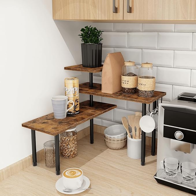 Kitchen Countertop Organizer - 3 Tier Corner Shelf, Bathroom Counter Organizer, Spice Rack, Coffee Bar, Over Sink, Rustic Brown