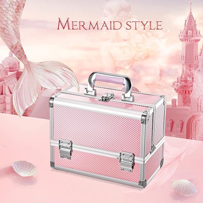 Joligrace 3-Tray Makeup Case with Mirror & Brush Holder, 11.6" Mermaid Pink | Cute mermaid style makeup train case with lots of storage capacity. Home makeup box holds cosmetics neatly and clean.