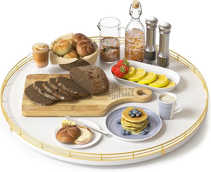 Oroyutor 18-Inch Large Oak Lazy Susan Organizer, Gold and White | Oak wood base, smooth 360-degree rotation and gold-and-white design for dining tables, kitchen counters and spice storage.