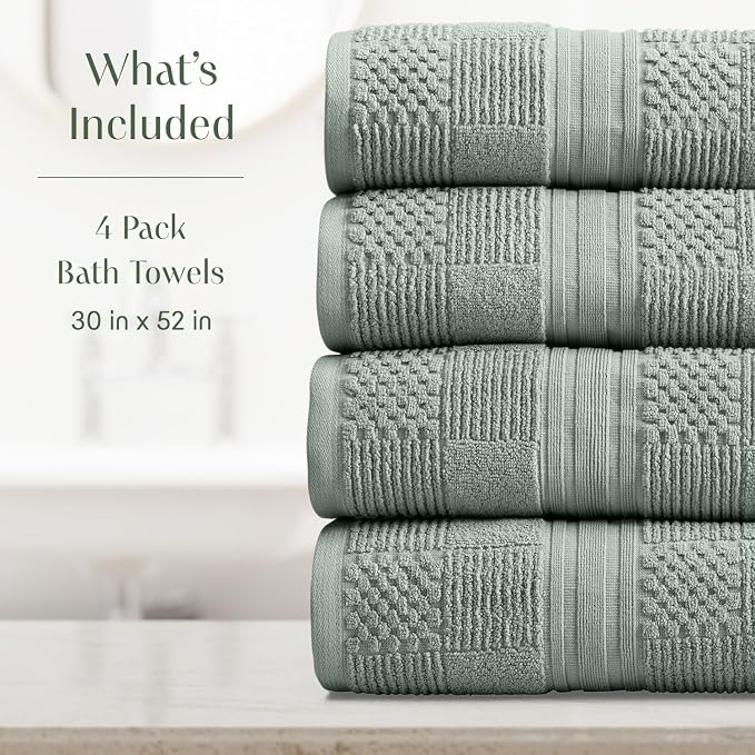 100% Cotton Bath Towel Set | 4-Pack | Textured | Eucalyptus | Luxury Geometric Design | Absorbent & Quick-Dry Bathroom Towels | Textured and Durable Cotton Towels for Bathroom | OEKO-TEX