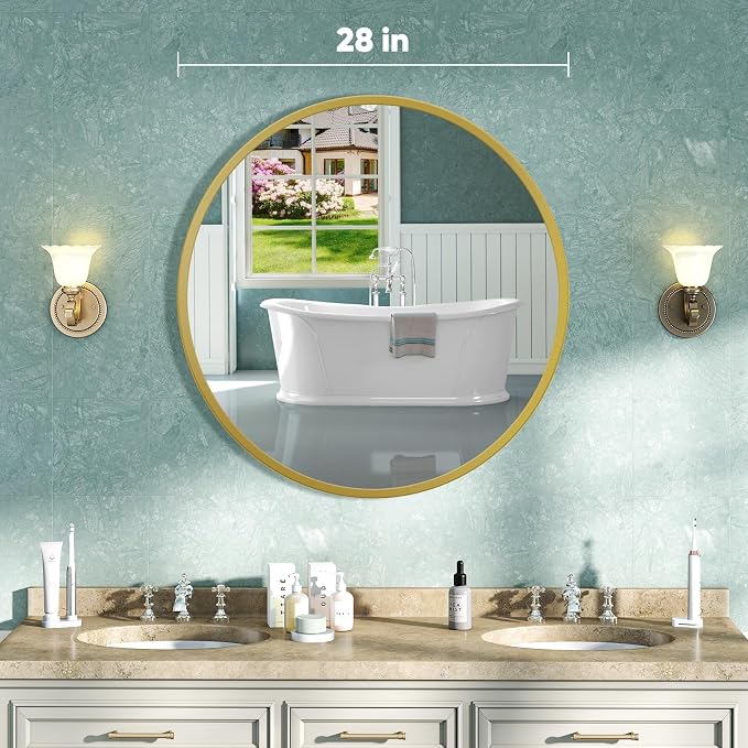 NEWBULIG 28 Inch Round Bathroom Mirror, Wall Mount Vanity Mirror | Circle Mirror for Over Sink, Matte Metal Frame, Entryway Decor, Bedroom Decor, Gold