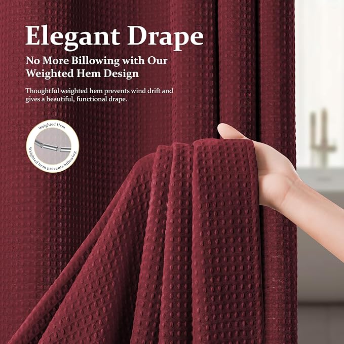 Extra Long Waffle Shower Curtain 256 GSM Fabric 72"x84" Burgundy | 84 Inch Long, Thick Polyester Cloth, Weighted Hem, Water Repellent, Washable, Tall Hotel Bathroom Shower Curtain Set 12 Hooks