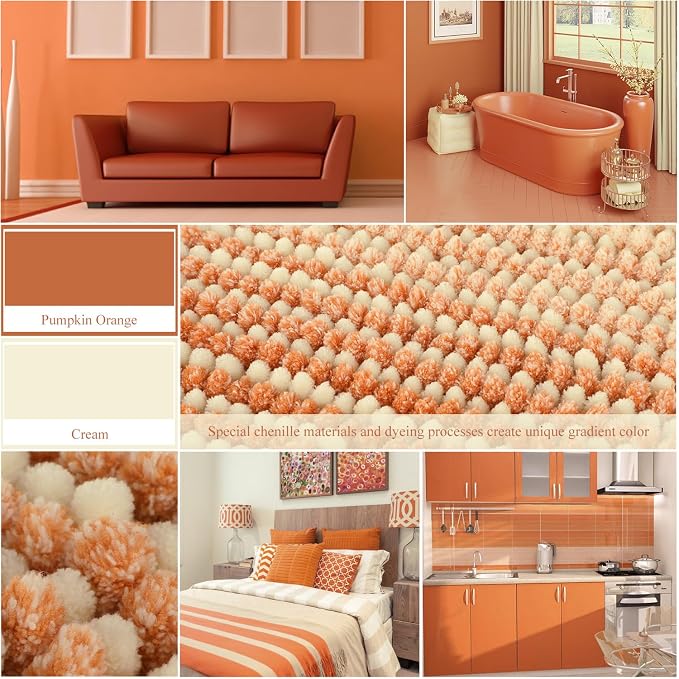 Large Bath Rugs, Non Slip 20 x 47 Inches Water Absorbent Chenille Floor Mats Machine Washable (Pumpkin Orange)