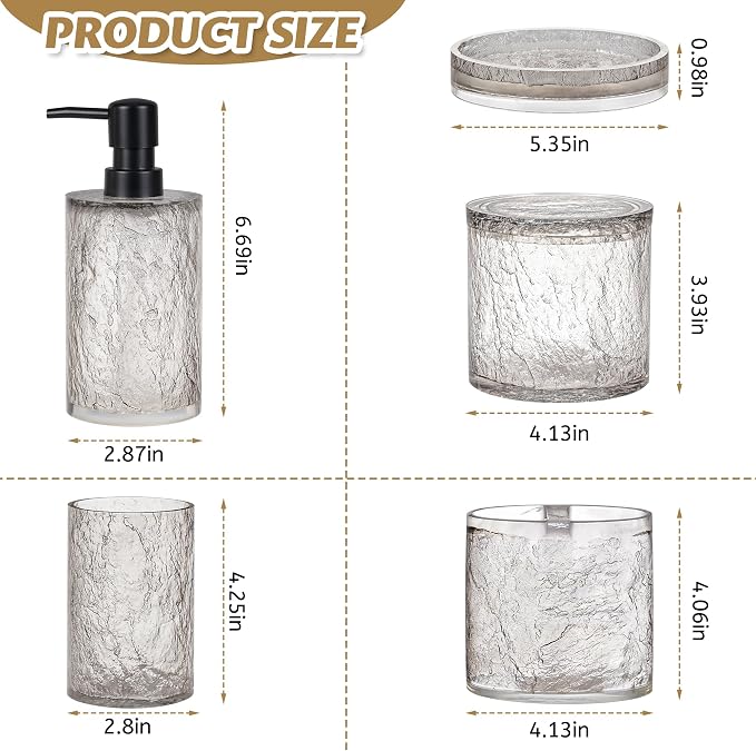 RQYIXI Resin 5-Piece Bath Accessories Set, Silver Crackle, Cotton Swab Jar | bathroom accessories set clear resin silver ice crackle texture shatterproof unbreakable modern countertop organization