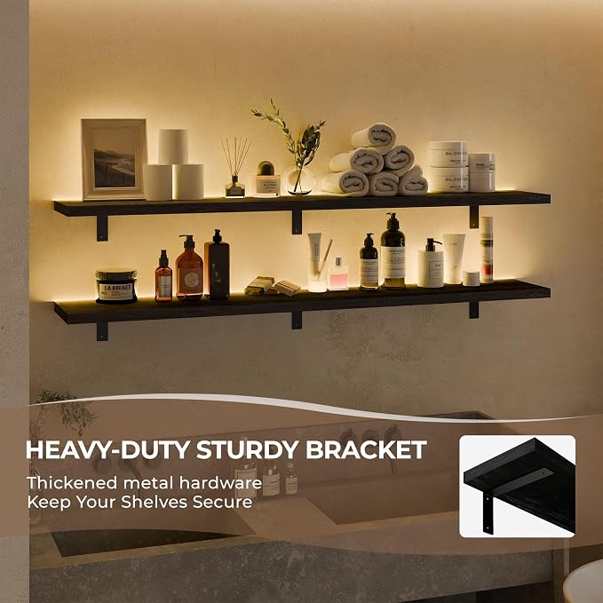 10x60 Inch LED Floating Shelf, Wall Mounted with Light, Storage for Gaming Room, Living Room, Kitchen (Black, Set of 2)