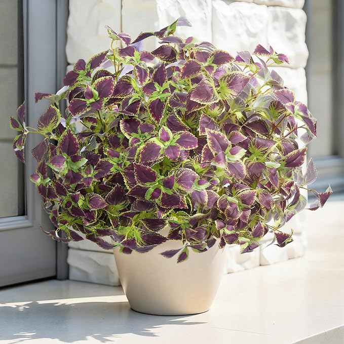florisso Artificial Greenery Plants Outdoor, 5 Pcs Faux Coleus Plants UV Resistant Silk Plants with Stems, Fake Plants for Outside Garden Patio Hanging Planter Pathway Front Porch Decoration(Brown)