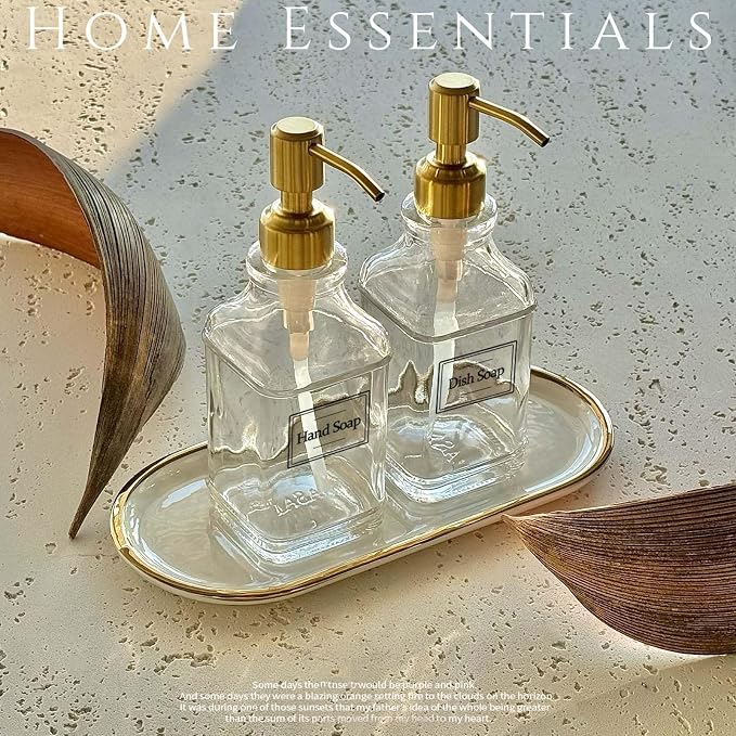 JASAI Antique Square Glass Soap Dispenser with Golden Rust Proof Pump, Refillable soap Dispenser with 10Pcs Stickers for Kitchen, Dish Soap Dispenser for Kitchen Bathroom Soap, Hand soap, Lotion. | Refillable Kitchen Soap Dispenser with Stainless Steel...