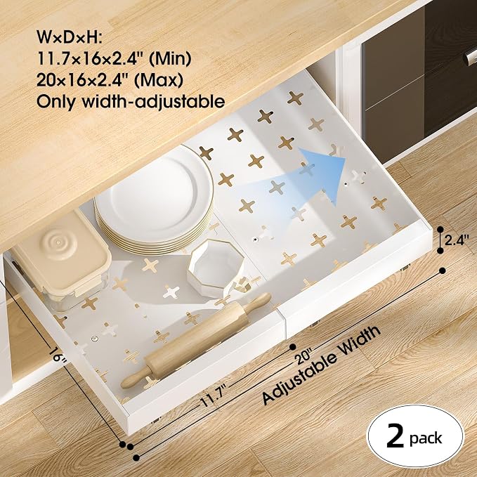 Delamu 16" Deep Pull Out Cabinet Organizer with 6 Dividers, Expandable (11.7 "-20" W) Pull Out Drawers for Cabinets, Cabinet Trays Pull Out for Cabinets in Kitchen, Pantry or Bathroom, White, 2 Pack