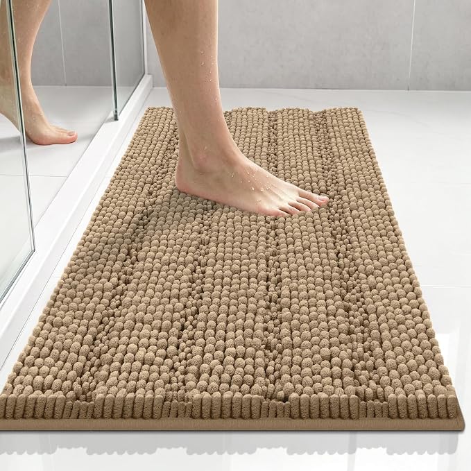 Bcoimo Small Bath Rug Mat,24x17 Chenille Non Slip Tan Bathroom Shower Mats | Extra Soft Bathroom Rugs;Non Slip with Rubber Backing Bath Mats;High Absorbent And Quick Dry Microfiber mat; Machine Washable