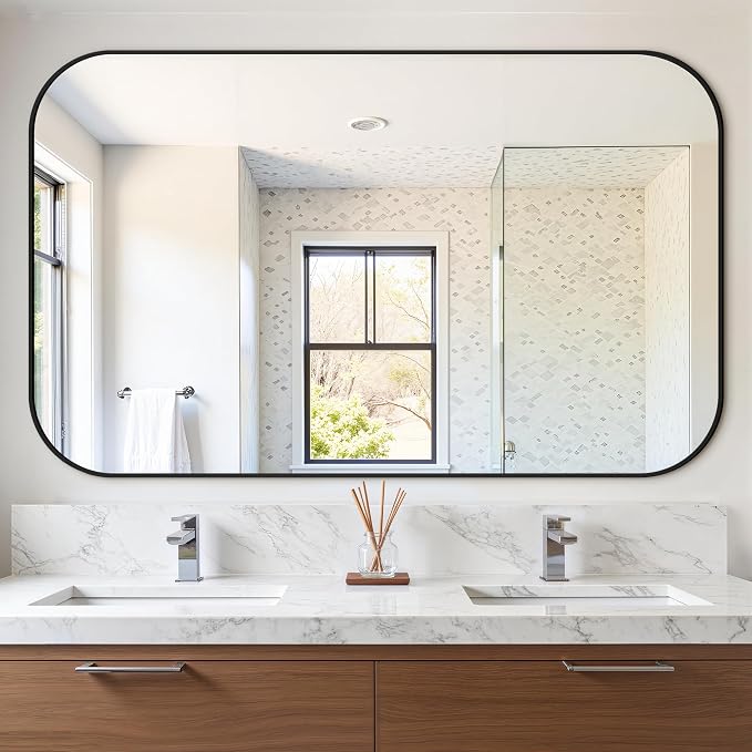 40" x 65" Bathroom Vanity Mirror for Wall, Black | Metal Framed, HD Tempered Glass, Rounded Rectangle Shape, for Over Sink, Bedroom, Entryway, Living Room, Vertical/Horizontal