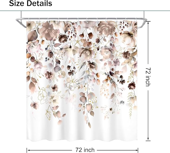 Brown Floral Autumn Fall Tan Watercolor Bathroom Shower Curtain Set | 72"W x 72"L Flower Eucalyptus style, clear shower print, fast-dry fabric and hooks for a simple bath update.