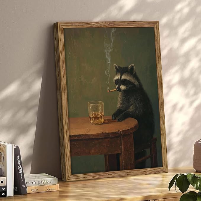 Framed Vintage Raccoon Wall Art, Moody Raccoon Canvas Prints, Funny Dark Academia Animal Poster, Classic Oil Painting Style Artwork, Whimsical Wall Decor for Living Room Bedroom Office 16x24in