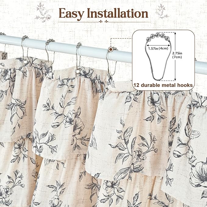 Yinhua Extra Long Farmhouse Ruffle Shower Curtains for Bathroom, 72" Wx84 L | Black Floral Print, Ruflle Design, 12 Metal Hooks, Vintage Rustic Washable Waterproof Shower Curtain for Bathroom Bathtub
