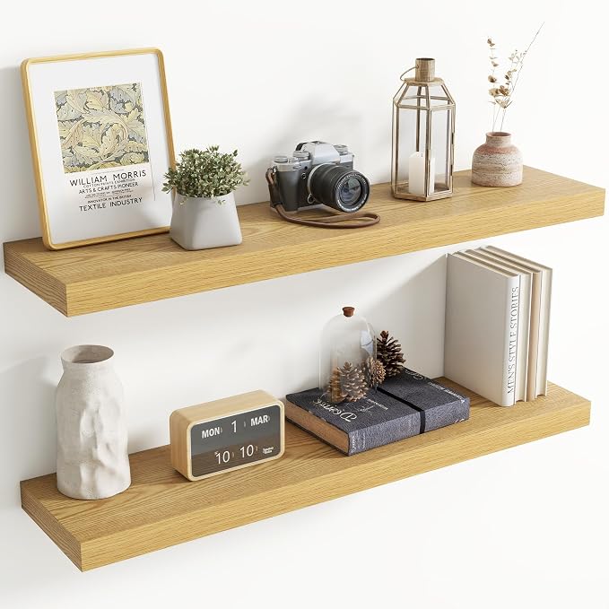 40 Inch Floating shelves for Wall, 8 Inch Deep, Invisible Brackets, Oak | Rustic Wall Mounted Shelf, Storage & Display, Wooden Shelves for Living Room, Kitchen, Bathroom and Home Decor, Set of 2
