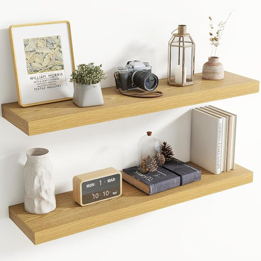 40 Inch Floating shelves for Wall, 8 Inch Deep, Invisible Brackets, Oak | Rustic Wall Mounted Shelf, Storage & Display, Wooden Shelves for Living Room, Kitchen, Bathroom and Home Decor, Set of 2