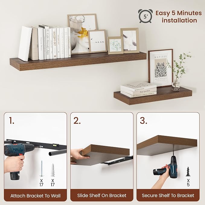 Vivelove Deep Floating Shelves 40x12” Set of 2, Walnut | Easy Install With Hardware, 2" Thick, Invisible Brackets, Wall Mounted, No Sagging, For Any Room