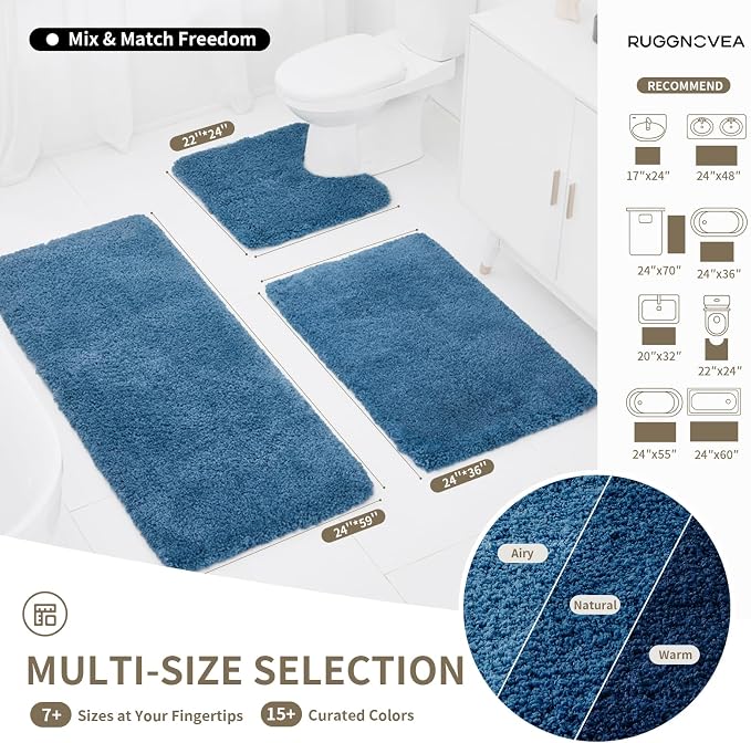 Bathroom Rugs Non Slip Washable 59x24, Ultra Thick Soft Microfiber Absorbent Bath Mats, High Density Foam Latex Non Slip Backing Bath Rugs, Fluffy Floor Carpet for Tub&Shower, Blue