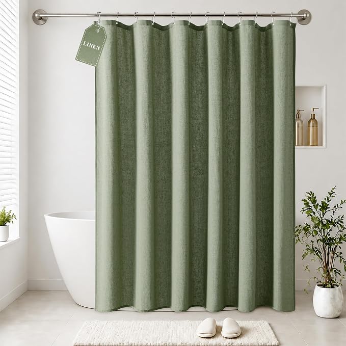 Jowels Sage Green Linen Fabric Shower Curtains for Bathroom, 72x78 | Long Size, Green Linen Shower Curtains Set, Waterproof Washable Weighted Textile,Metal Hooks, Hotel Boho Farmhouse Decor
