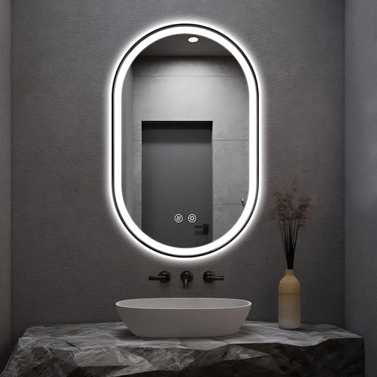 Oval LED Bathroom Mirror, Backlit + Front Lit Mirror Black Frame | 3 Color Dimmable, Anti-Fog, 48"x30", Memory Function, Shatter-Proof, HD Glass, Pill-Shaped Mirror, Vertical or Horizontal