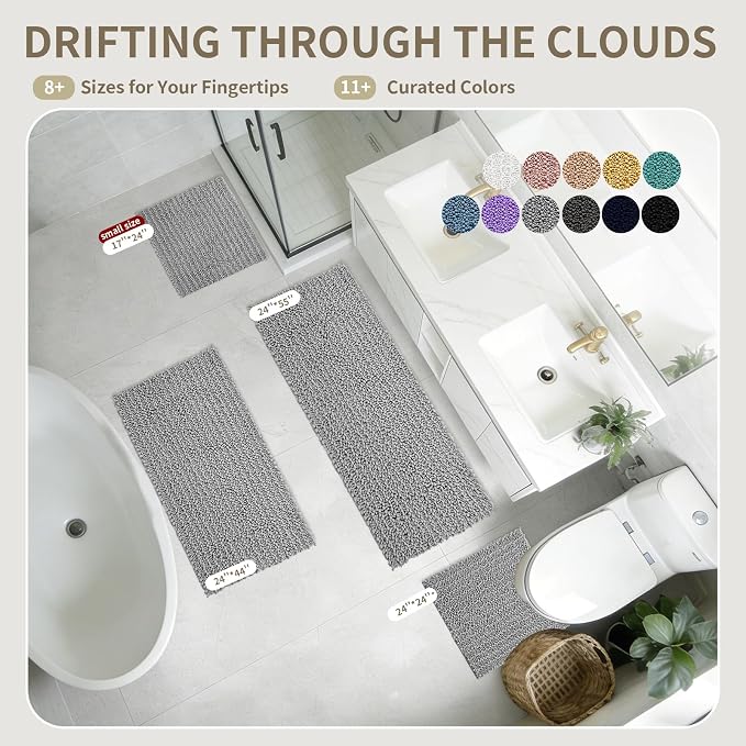 Bathroom Rugs Non Slip Washable 44x24, Extra Thick Soft Chenille Absorbent Bath Mat, High Density Barrier Non Slip Backing, Quick Dry Plush Shaggy Floor Carpet for Tub&Shower, Grey