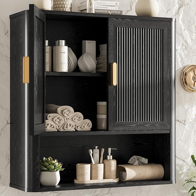 Bathroom Wall Cabinet, Wall-Mounted Medicine Cabinet with Adjustable Wood Shelf & Doors, Floating Bathroom Cabinet Over Toilet for Laundry Room & Kitchen & Living Room (Black)