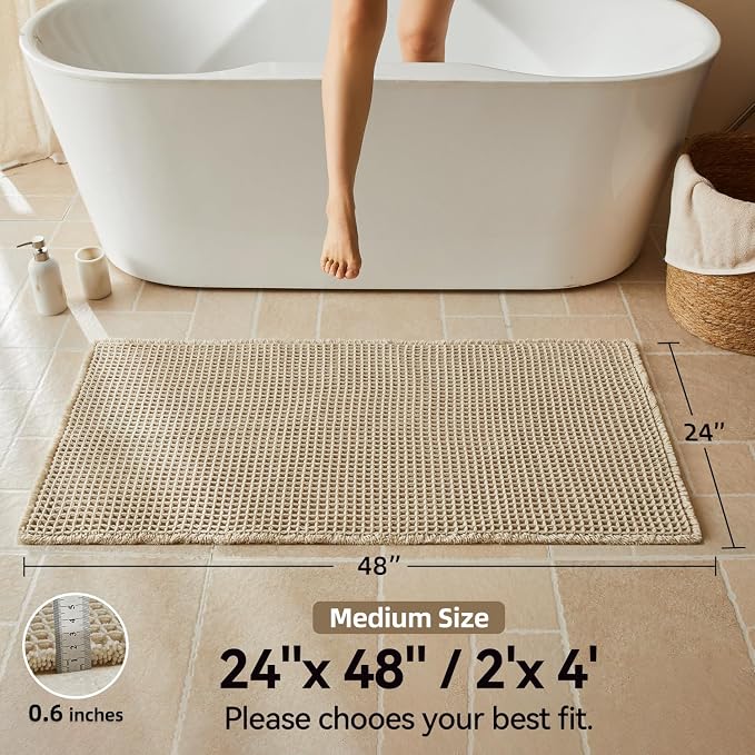 Triohero Waffle Bath Mat, Boho Bathroom Rugs Non Slip Washable, Ultra Soft Super Absorbent Quick Dry Farmhouse Bathroom Decor, 24" x 48", Pale Beige