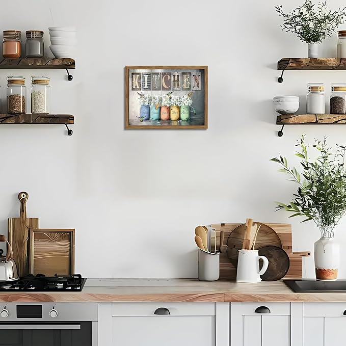 Framed Vintage Kitchen Canvas Wall Art, Retro Letter Signs with Colorful Jars, Florals and Birds Prints, Rustic Farmhouse Wood Grain Poster, Cottagecore Wall Decor for Kitchen Dining Room, 12x16in