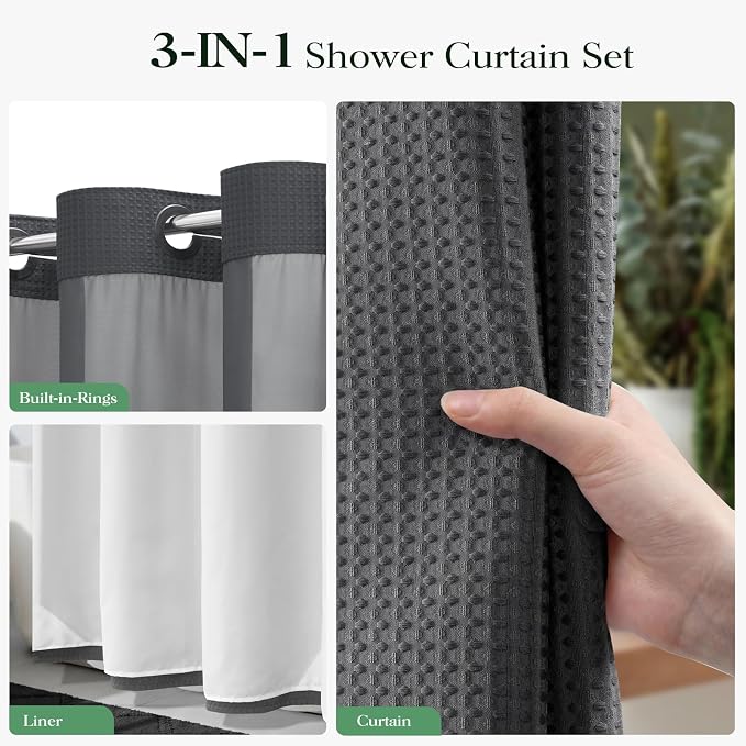 Charcoal Grey Hook Free Waffle Shower Curtain & Snap Liner,72x87 | Less Time to install, 3 in 1 Fabric Shower Curtain and Liner Set with Magnets, Extra Long, Shower Curtains for Bathroom