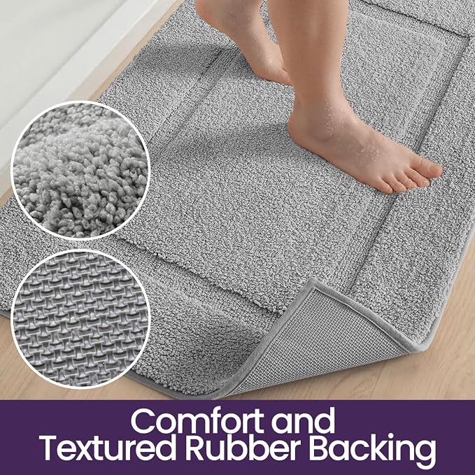 DEXI Bath Mat 43x24, Absorbent and Non Slip Bathroom Rugs, Light Grey | Soft Plush Microfiber Bathmat, Machine Washable & Quick Dry, Rubber Back Rug for Shower, Tub, Sink