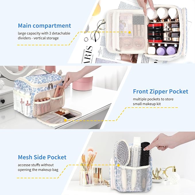 CUBETASTIC Travel Makeup Bag, Floral Make Up Bag with Brush Compartment, Vertical Storage Toiletry Bag with Partitions, Large Make Up Pouch for Women, Portable Makeup Case with Multi-Pockets