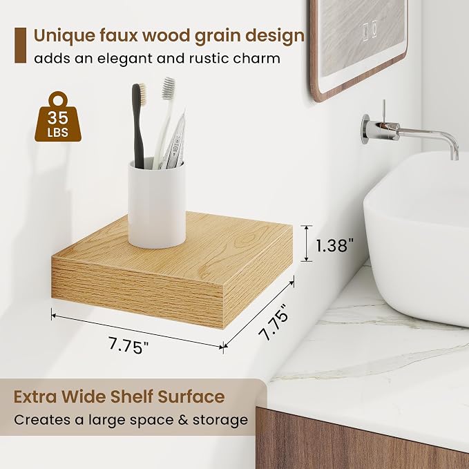 Marsmiles 8in Depth Floating Shelves, 8x8x1.4, Oak, Set of 3 | Small Wall Mounted Square Shelves, Engineered Wood, Invisible Brackets, Living Room, Bedroom, Bathroom, Kitchen Decor