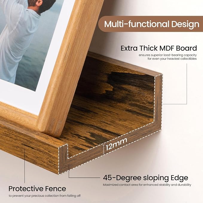 Floating Picture Ledge Shelves for Wall Set of 2, 72 Inches Picture Ledge Shelf with Long Large Nursery Book Shelf for Storage, Bookshelf Wall Mounted Living Room Decor Frames, Rustic Brown