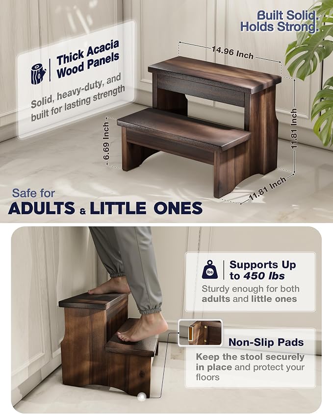 FANATU Wooden Two Step Stool, Heavy Duty 2-Step Ladder for Adults & Kids, Supports up to 450lbs for Kitchen, Bathroom or Bedside Use (Walnut Finish)