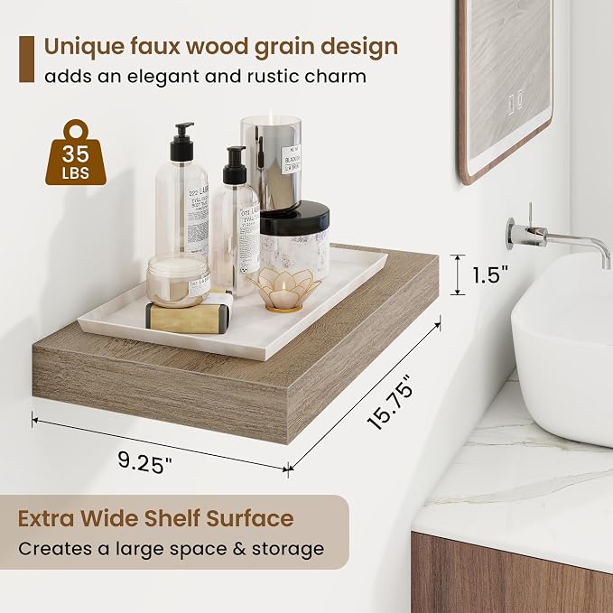 Marsmiles 9.25in Depth 16in Floating Shelves, 16x9.25x1.4, Grey, Set of 2 | Wall Mounted Engineered Wood Shelves, Invisible Brackets for Living Room, Bedroom, Bathroom, Kitchen Decor and Storage