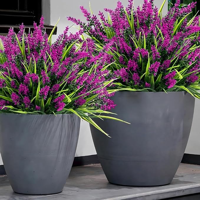 Geegoods 24 Bundles Artificial Lavender Flowers Outdoor, Fuchsia | UV Resistant Faux Plants with Monkey Grass, Realistic Plastic Flowers for Garden Porch Window Box Patio Hanging Planter Decor
