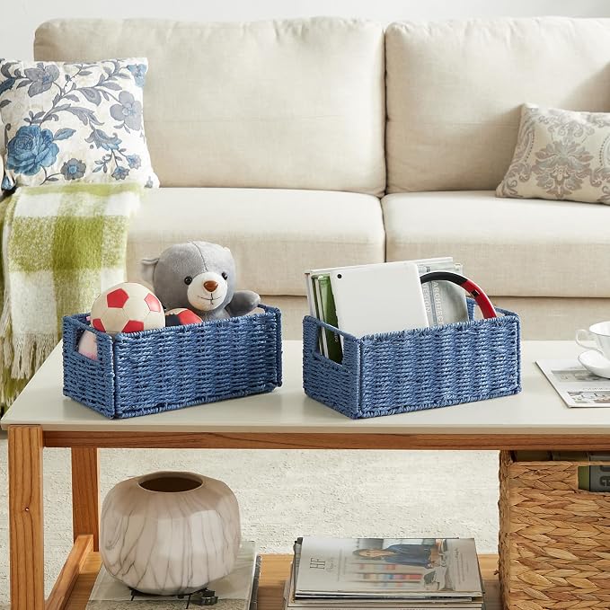 Wicker Storage Basket, Set of 2 Hand-Woven Paper Rope Wicker Basket, Small Storage Baskets for Organizing Toilet Paper Basket, Foldable Large Cube Storage Organizer Bins for Shelves (Blue)