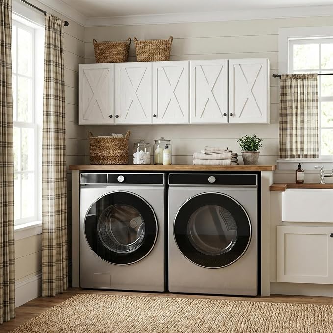 59"W Laundry Room Wall Cabinet, 5 Doors Farmhouse Wall Cabinet with Adjustable Shelf, Wall Mount Storage Cabinet, Farmhouse Medicine Cabinet, Floating Cabinet for Bathroom, Kitchen, Off White