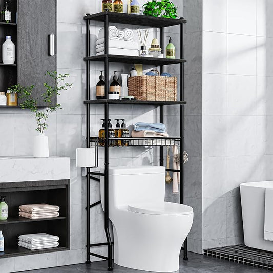 Mlinavn Over-The-Toilet Storage Rack, 4-Tier Bathroom Organizer Shelf Over Toilet with Adjustable Shelf and Basket, Freestanding Space Saver Bathroom Shelves Above Toilet for Room (Black)