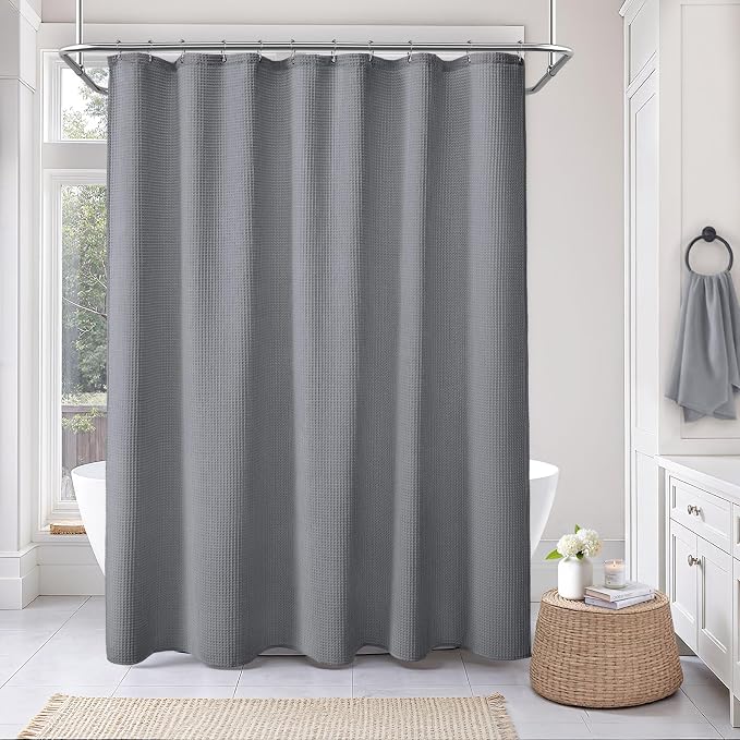 Long Waffle Weave Shower Curtain Heavyweight Cotton Fabric Grey 72Wx78L | Soft Cotton Cloth,3D Square Truely Waffle Washable, Hotel Luxury Spa, Shower Curtain Set for Bathroom 12 Plastic Hooks