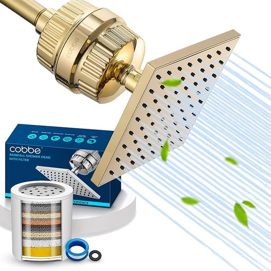 Cobbe High Pressure Filtered Shower Head with Filters for Hard Water Combo | Rain Showerheads with 20 Stage Water Softener for Healthier Skin & Hair Remove Chlorine and Harmful Substances, Gold