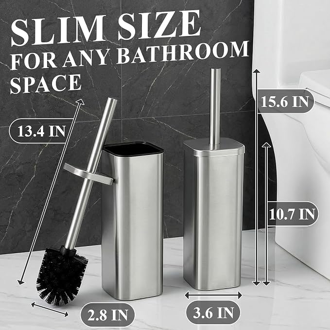 Stainless Steel Toilet Brush and Holder Set, Rounded Square (Silver) | Toilet Bowl Brush and Holder, Removable Inner Bowl, Dense Bristles, Long Handle, Hand Guard, Scratch Resistant, for Bathrooms