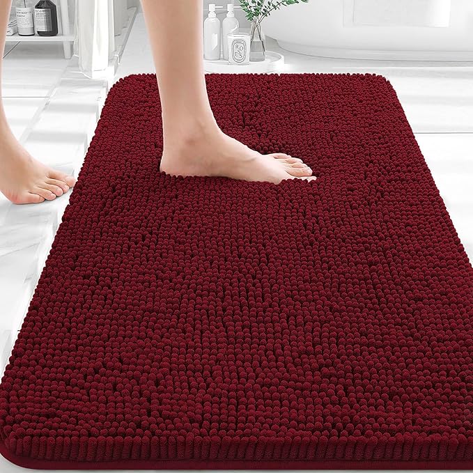 OLANLY Bathroom Rugs 32x20, Extra Soft Absorbent Chenille Bath Rugs | Burgundy, Quick-Drying Rubber Backing, Machine Washable Bath Mat for Bathroom Floor, Tub and Shower, Home Decor Accessories