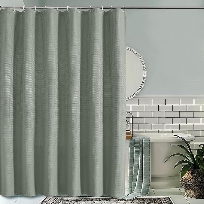 Extra Long Shower Curtain Set- 96 Inch Long Waffle Weave Heavy Duty Fabric Shower Curtains for Bathroom, Luxury Heavy Duty Thick Cloth Shower Curtain with 12 Plastic Hooks, 72x96, Sage Green