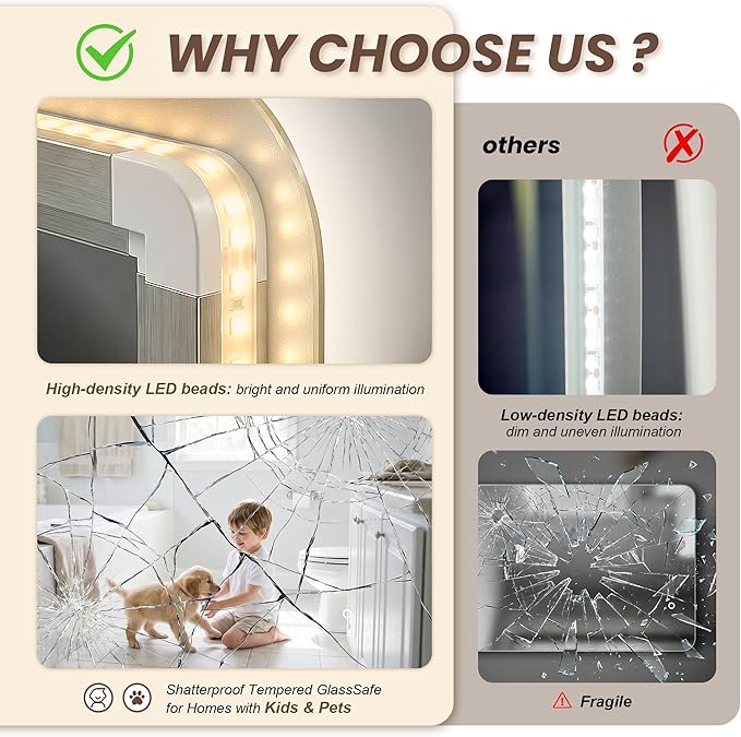 30"x48" Frameless LED Backlit Bathroom Mirror Dimmable | 3 Colors Temperature, HD Tempered Glass, High Lumen, Touch Control, Horizontal/Vertical for Bathroom, Closet, Vanity