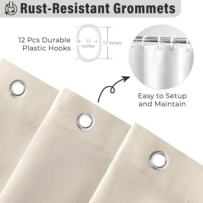 Seasonwood Beige Ruffle Shower Curtain Neutral Shower Curtain 72 x 84 | Natural button accents, layered fabric tiers, shabby chic and French country styling for decorative bathroom updates
