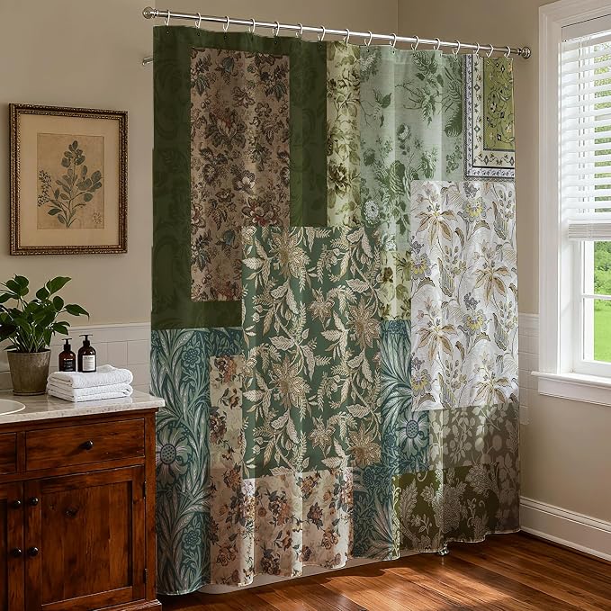 Mocsicka Vintage Boho Shower Curtain Green Retro Floral Shower Curtain for Boho Floral Bathroom Decor Waterproof Fabric Mid-Century Farmhouse Flowers Patchwork Bath Curtain, 72 X 72 Inch
