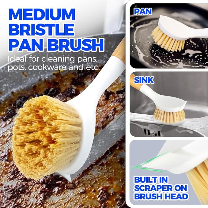 Holikme 3 Pack Dish Brush with Bamboo Handle Cleaning Brush,White Black | Dish Brushes Vegetable Scrubber Round Natural Scrub Brush Cleaning Kit for Cleaning Saucepans, Pots, Pans and Vegetables